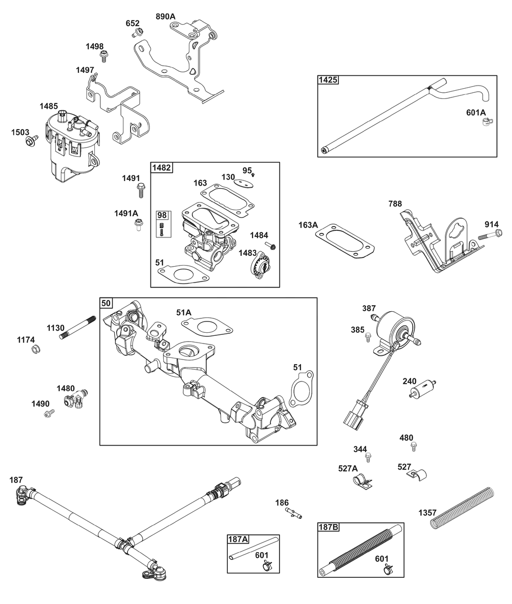 Throttle Body, And Fuel Supply Group Diagram and Parts List for 61E377-0140-J1 400000 - 699999 Briggs and Stratton Engine